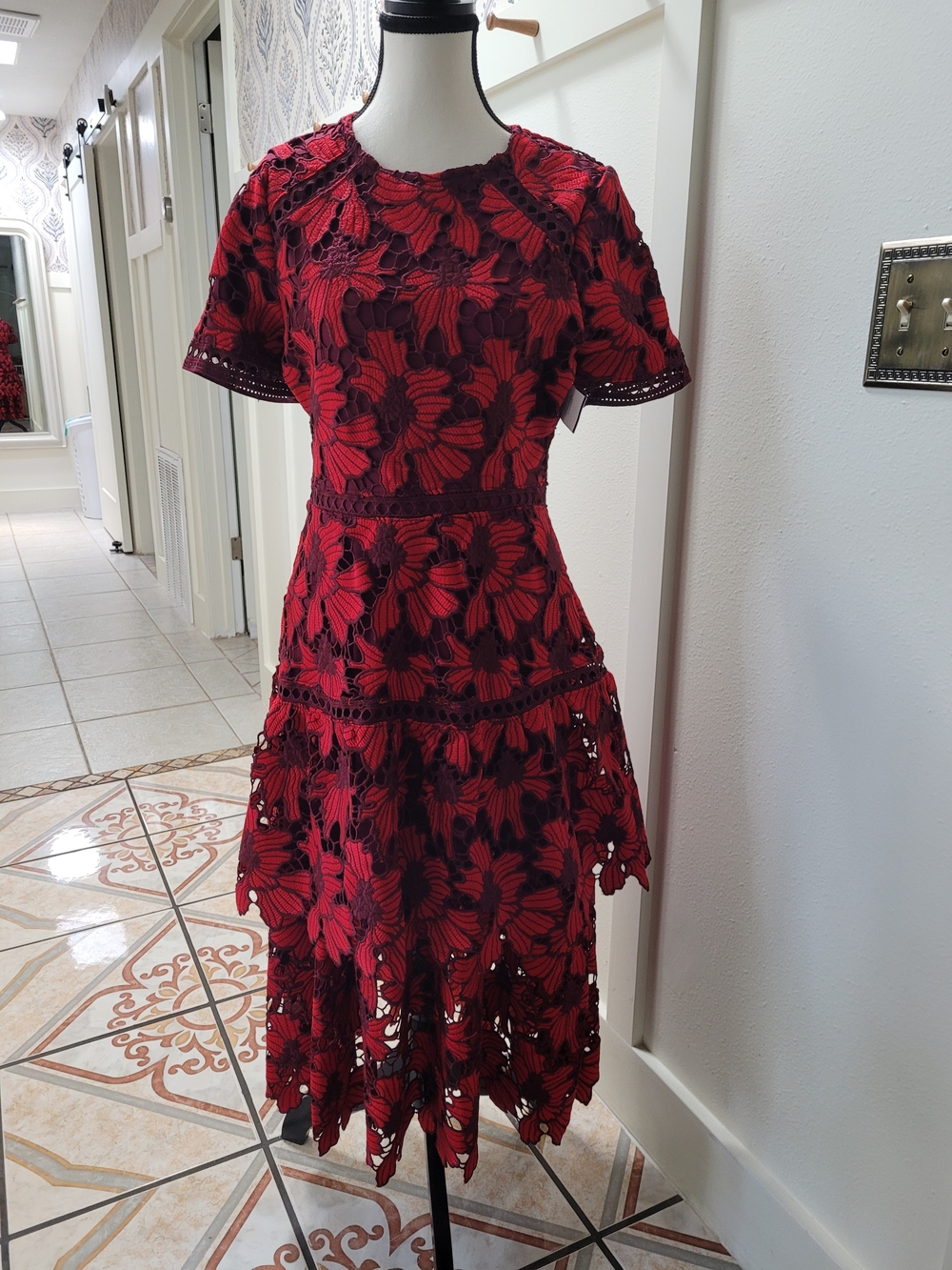 bohme Red Floral Lace Midi Dress